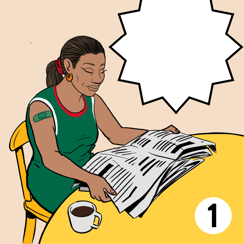 Woman in Green Shirt Sitting at Table Reading Newspaper Comic Image