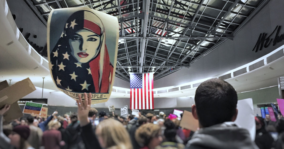 Crowd protests muslim travel ban at Philadelphia's international airport 