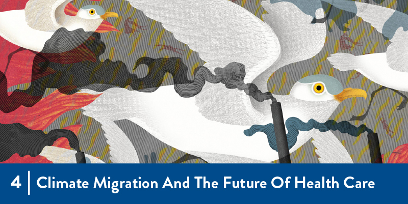 4 - Climate migration and the future of health care an illustration of birds flying in smoke