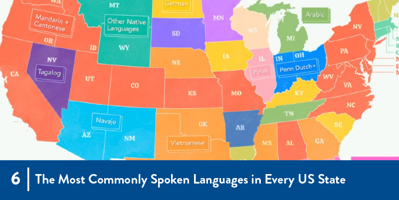 6 - The Most Commonly Spoken Languages in Every US State A map of US with Languages over states