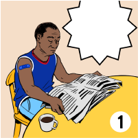 Man in Blue Shirt Sitting at Table Reading Newspaper Comic Image