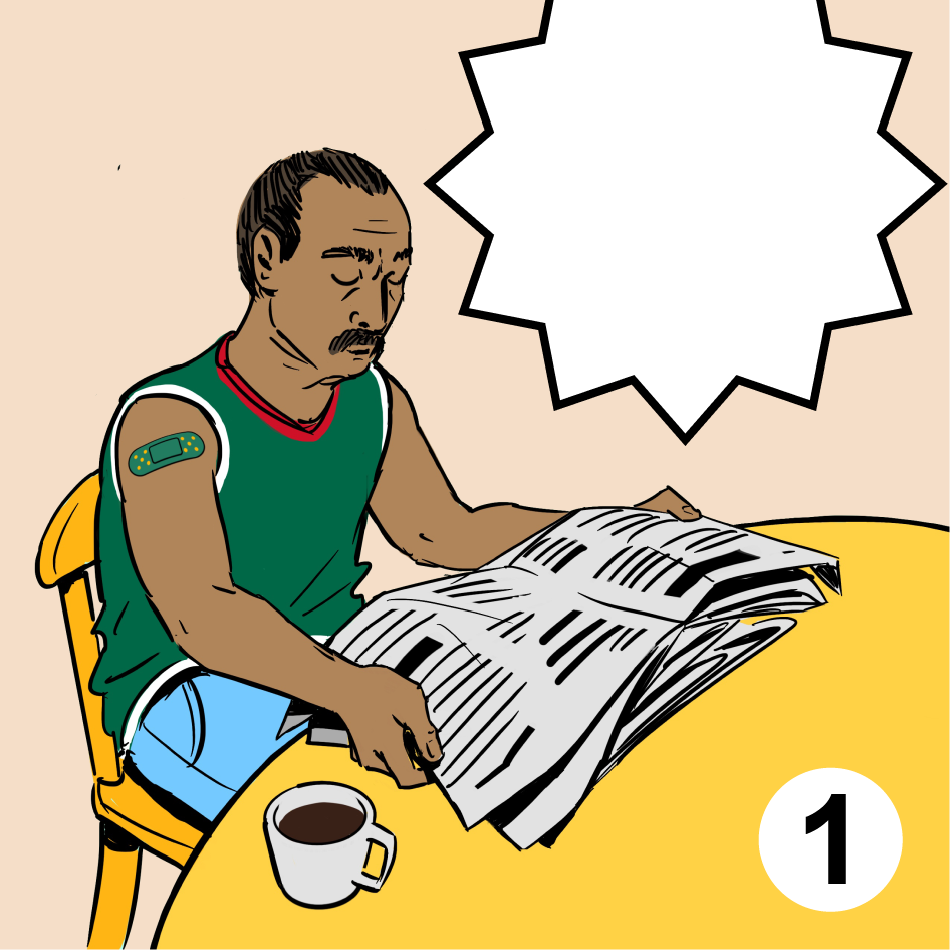 Man in Green Shirt Sitting at Table Reading Newspaper Comic Image