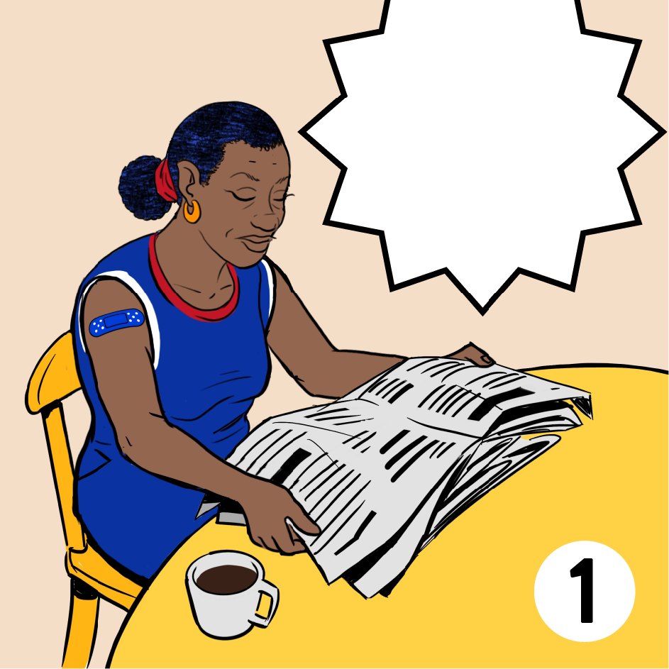 Woman in Blue Shirt Sitting at Table Reading Newspaper Comic Image