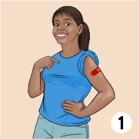 A vaccinated teen in a blue shirt
