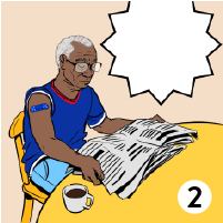 Elder Man in Blue Shirt Sitting at Table Reading Newspaper Comic Image