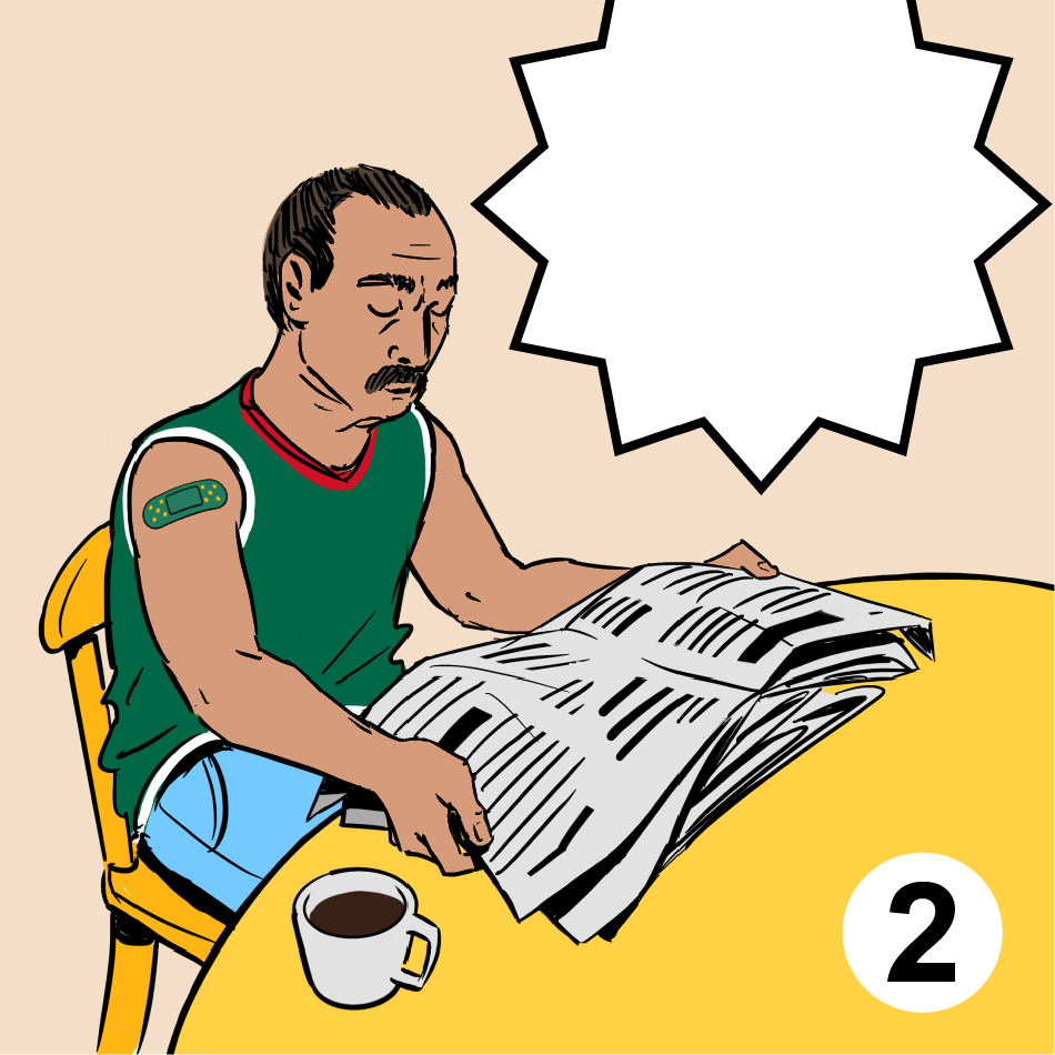 Man in a Green shirt sitting at a table reading newspaper 2