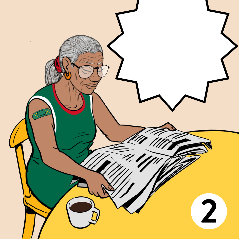 Woman in a Green shirt sitting at a table reading newspaper 2