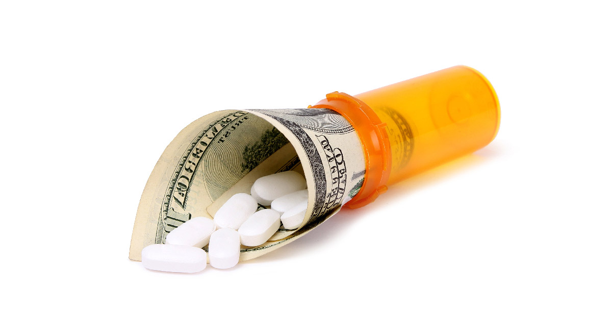 Complex Conversations on Cost Pill bottle with money pouring out
