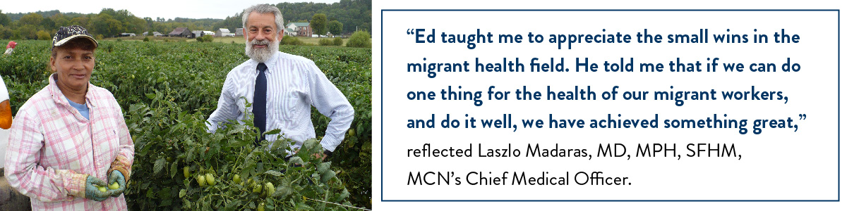 Photo of Ed in agricultural field with worker next to quote from Laszlo Madaras 