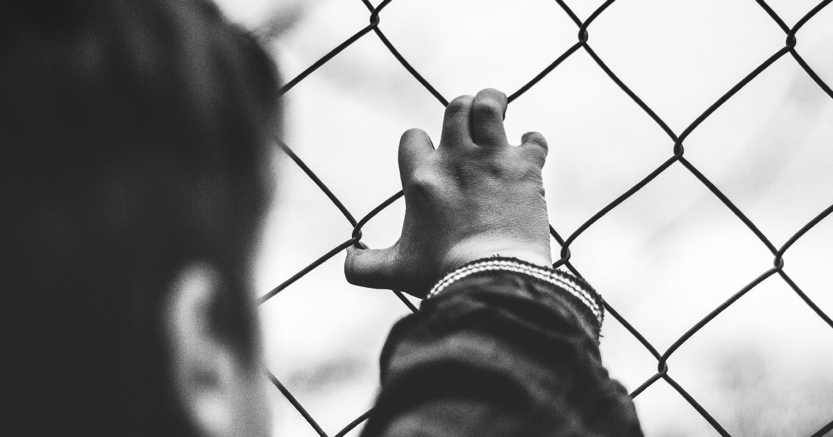 Child holding wire fence