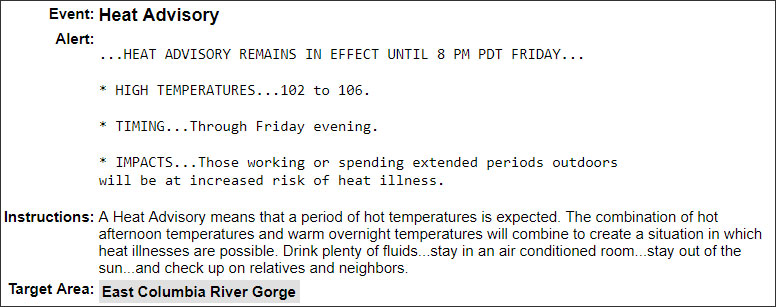 heat advisory alert - Those working or spending extended periods outdoors  will be at increased risk of heat illness.