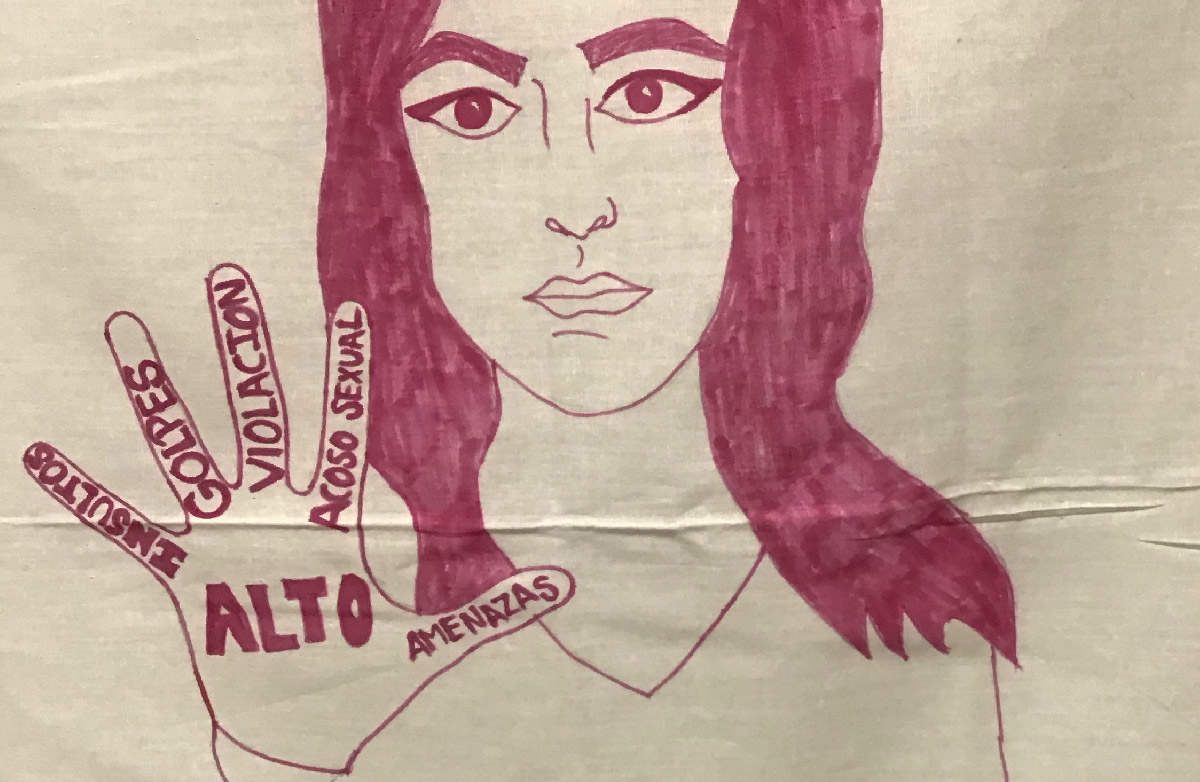 Example of drawing on bandana featuring woman holding out her hand