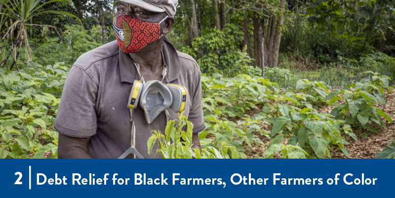 A black farmer wears a mask in the field