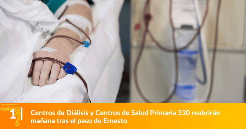 Centros de Diálisis y Centros de Salud Primaria 330 reabrirán mañana tras el paso de Ernesto. 