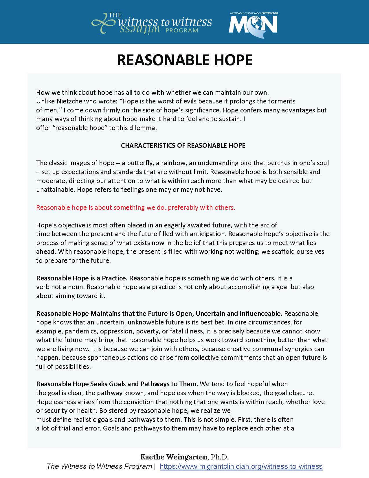 Reasonable Hope | W2W Resource