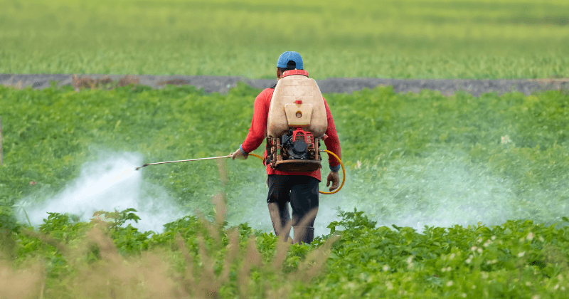 A farmworker applying pesticides