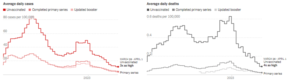 New York Times graph of COVID cases and deaths