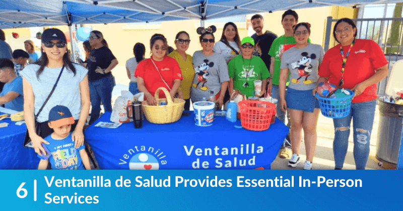The staff of Ventanilla de Salud in Eagle Pass, at an event. Heading reads, Ventanilla de Salud Provides Essential In-Person Services.