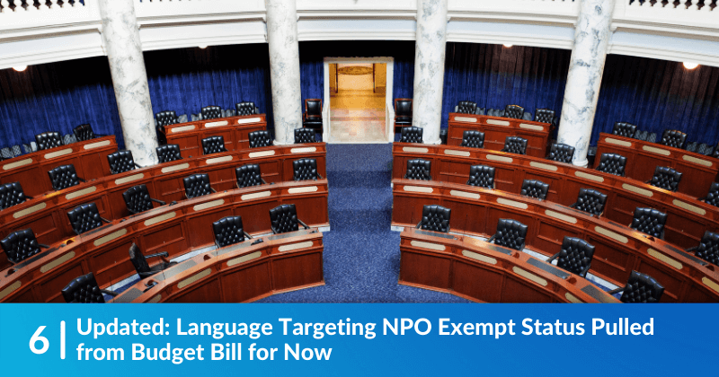 Floor of the House of Representatives (approximation). Heading reads, "Updated: Language Targeting NPO Exempt Status Pulled from Budget Bill for Now"