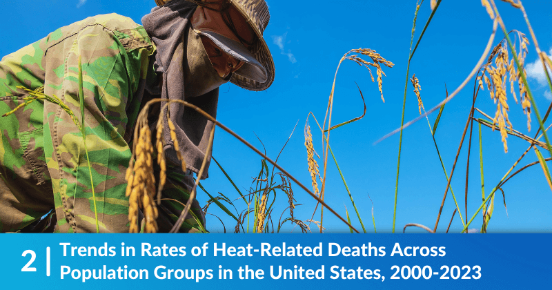 A worker gathers crops under the bright sun. The heading reads, "Trends in Rates of Heat-Related Deaths Across Population Groups in the United States, 2000-2023"