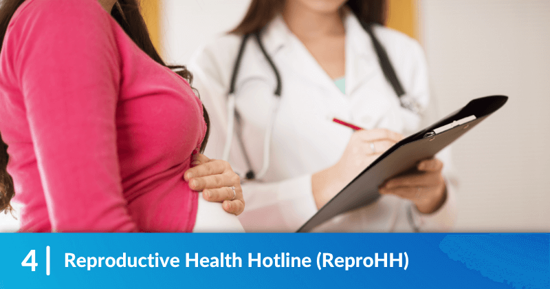 A pregnant person speaking with a clinician. Heading reads, "Reproductive Health Hotline (ReproHH)"