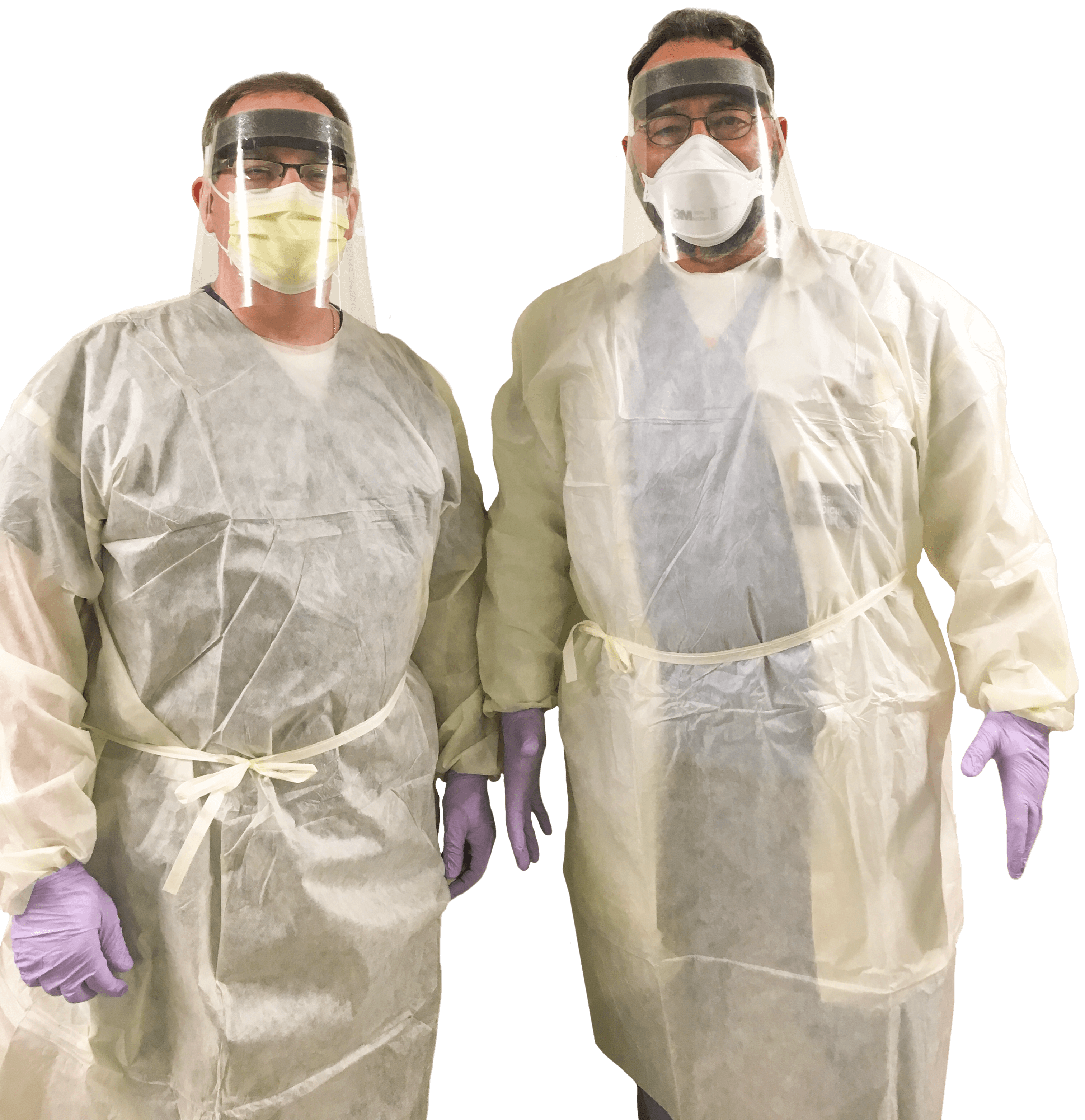 Laszlo Madaras (right) and a colleague at the height of the pandemic in full personal protective equipment. While he no longer dons full PPE while seeing patients, he says clinicians can reduce the spread of infection by wearing a respirator.