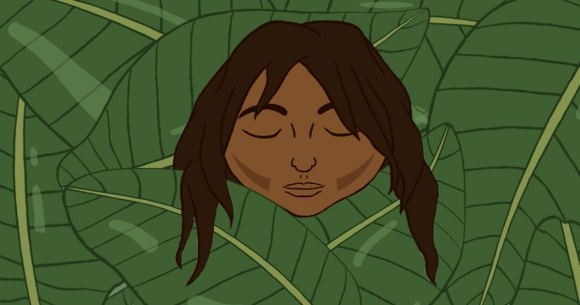 Child's face over bed of leaves - Illustration by Jessica Johnson