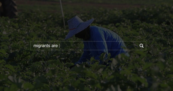 farm worker in field behind search box and text: migrants are