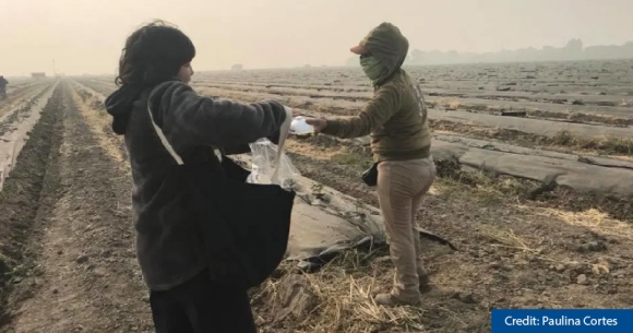 Paulina Cortes, a community activist from San Jose, gives a protective particulate mask to a farmworker in Stockton, California, on November 16th, 2018.