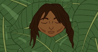 Child's face over bed of leaves - Illustration by Jessica Johnson