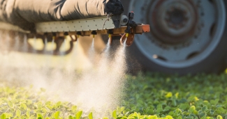 A truck sprays pesticide on a field