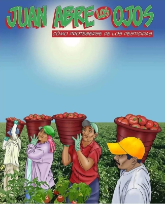 Migrant workers in a field holding baskets of produce